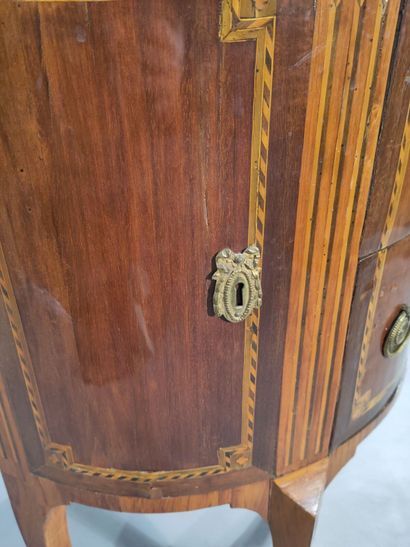 A half-moon-shaped rosewood and satinwood...