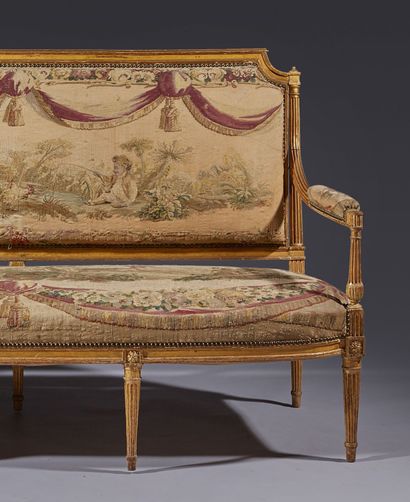 Suite of six armchairs and one sofa in gilded...
