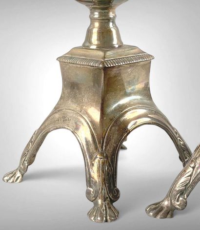 Paire de chenets en bronze argenté, à décor...