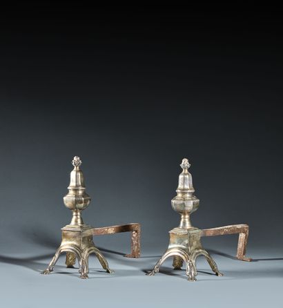 Paire de chenets en bronze argenté, à décor...