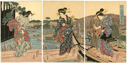 Keisai Eisen (Japon, 1790-1848) 
Triptyque...