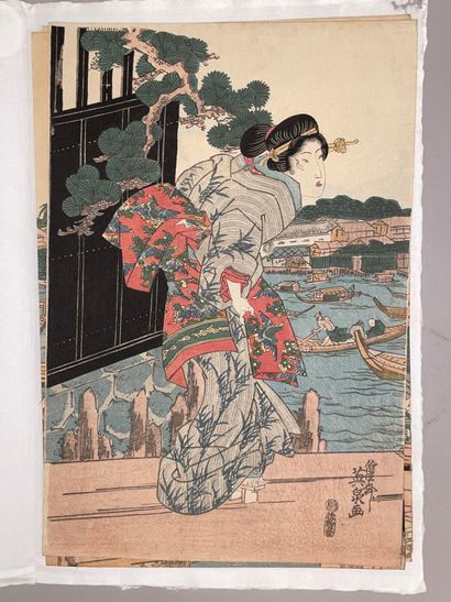 Keisai Eisen (Japon, 1790-1848) 
Triptyque...