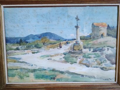 Louis-Agricol MONTAGNE (1879-1960).
Le calvaire.
Aquarelle,...