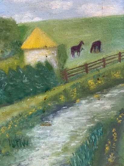 Huguette GUIBERT.
Parc animé devant un château.
Huile...