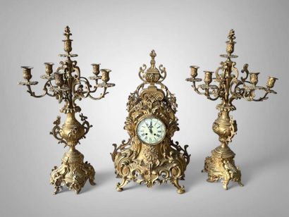 Garniture de cheminée en bronze et métal...
