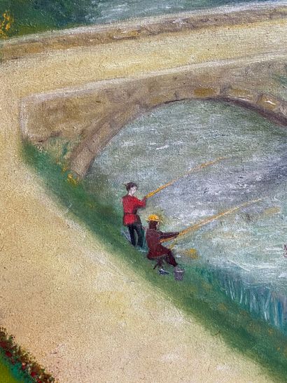 Huguette GUIBERT.
Parc animé devant un château.
Huile...
