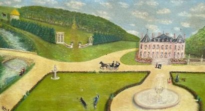Huguette GUIBERT.
Parc animé devant un château.
Huile...