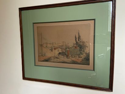 D'après Armand COUSSENS (1881-1935).
La roulotte.
Estampe.
Haut....