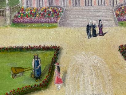 Huguette GUIBERT.
Parc animé devant un château.
Huile...