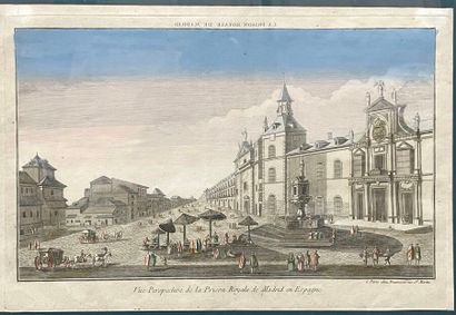 Quatre gravures rehaussées ou vues d'optiques...