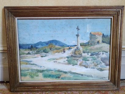 Louis-Agricol MONTAGNE (1879-1960).
Le calvaire.
Aquarelle,...