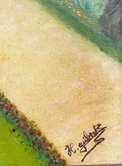 Huguette GUIBERT.
Parc animé devant un château.
Huile...