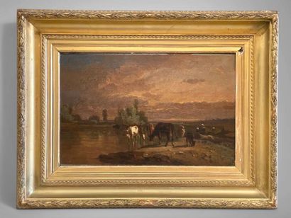 École du XIXe siècle.
Vaches au bord de la...
