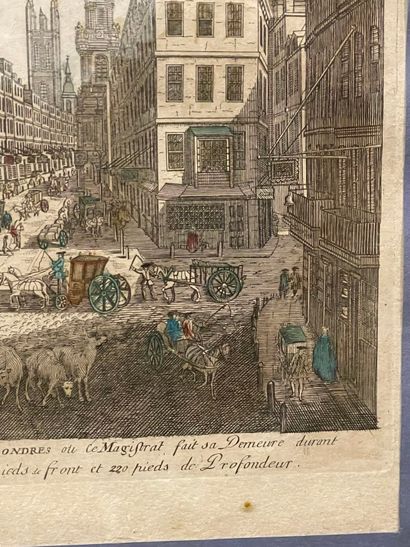 Quatre gravures rehaussées ou vues d'optiques...