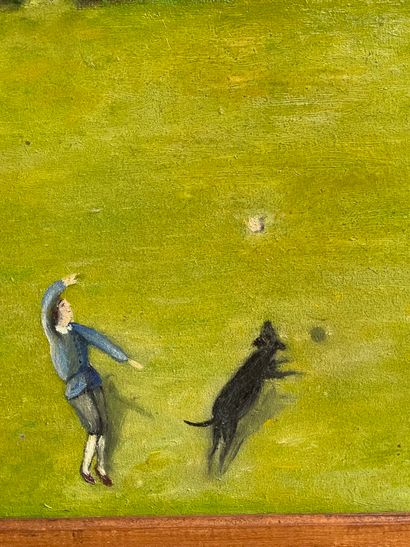 Huguette GUIBERT.
Parc animé devant un château.
Huile...