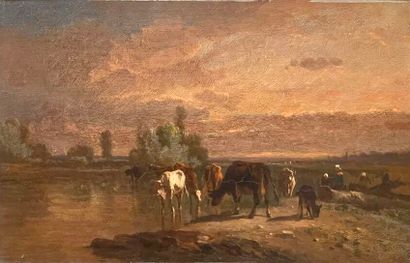 École du XIXe siècle.
Vaches au bord de la...