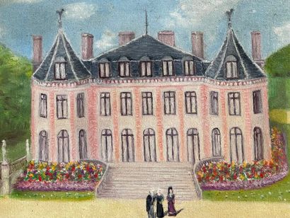 Huguette GUIBERT.
Parc animé devant un château.
Huile...