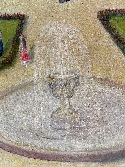 Huguette GUIBERT.
Parc animé devant un château.
Huile...