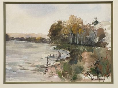 François LAMY (1855-1919).
Bord de rivière.
Aquarelle,...
