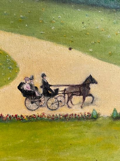 Huguette GUIBERT.
Parc animé devant un château.
Huile...