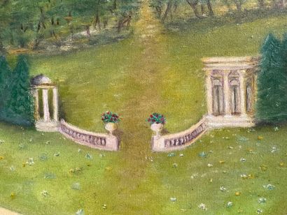 Huguette GUIBERT.
Parc animé devant un château.
Huile...
