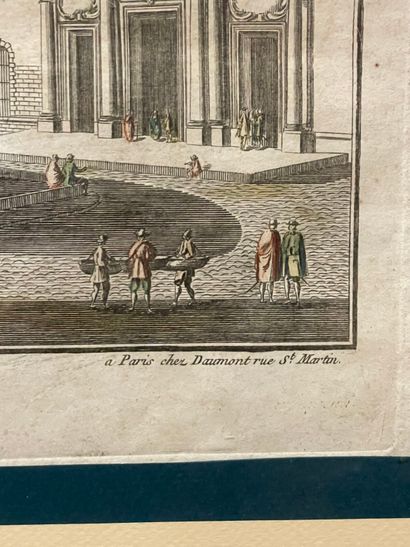Quatre gravures rehaussées ou vues d'optiques...