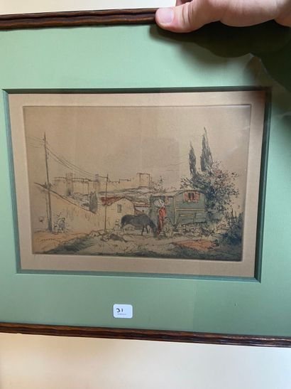 D'après Armand COUSSENS (1881-1935).
La roulotte.
Estampe.
Haut....