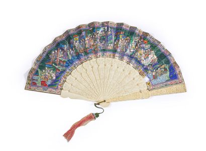 Nombreuse assemblée, Chine, XIXe siècle.
Éventail...