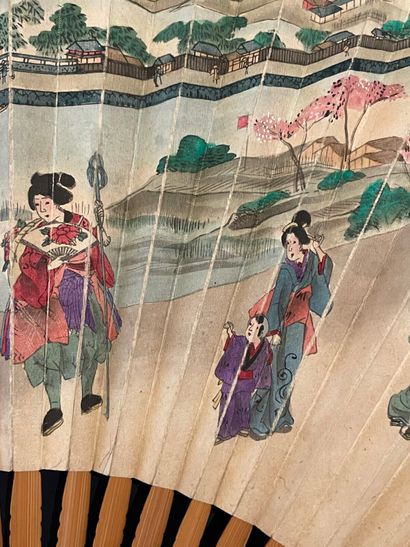 Au bord de la rivière, Japon, vers 1900.
Éventail...