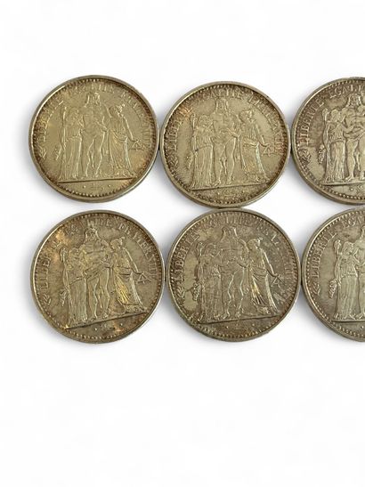 FRANCE 
Eight 10 franc silver coins, 1965.
(Soiling.)
Weight...
