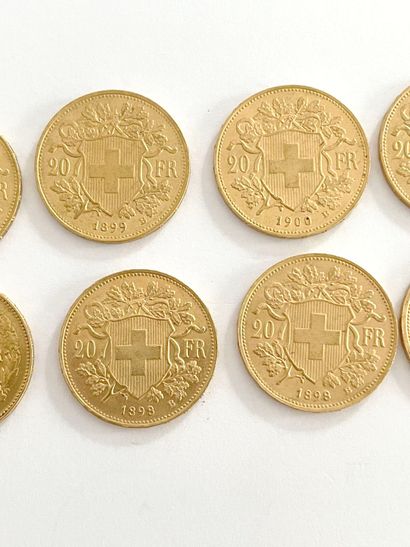 SWITZERLAND 
Fourteen 20 franc gold coins,...