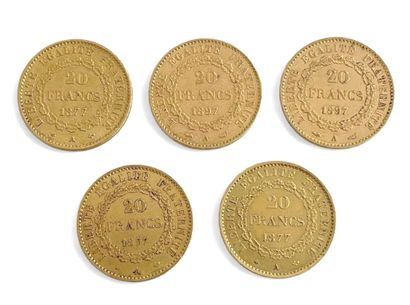 FRANCE 
Five 20-franc gold coins with the...