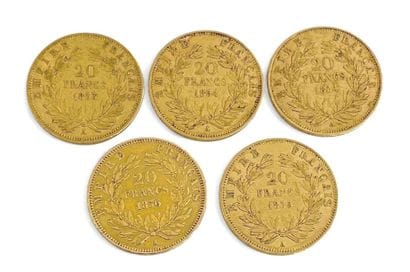 FRANCE 
Five 20-franc gold coins, effigy...