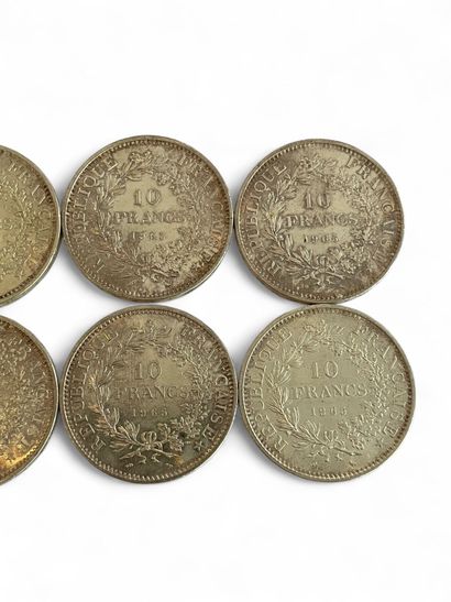 FRANCE 
Eight 10 franc silver coins, 1965.
(Soiling.)
Weight...