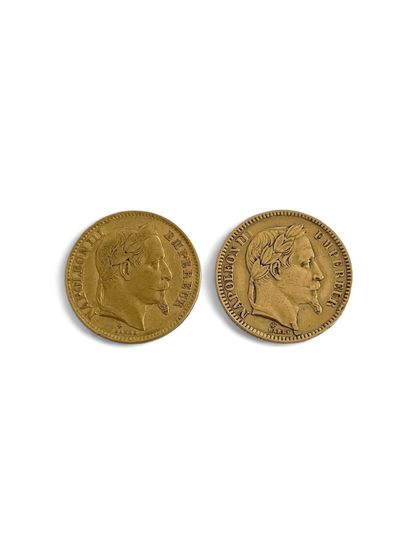 FRANCE 
Two 20 franc gold coins bearing the...