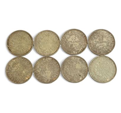 FRANCE 
Eight 10 franc silver coins, 1965.
(Soiling.)
Weight...