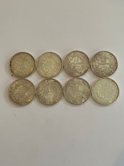 FRANCE 
Eight 10 franc silver coins, 1965.
(Soiling.)
Weight...
