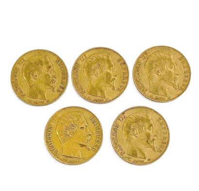 FRANCE 
Five 20-franc gold coins, effigy...