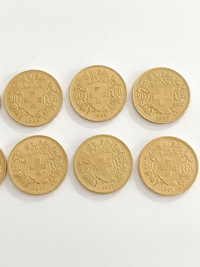 SWITZERLAND 
Fourteen 20 franc gold coins,...
