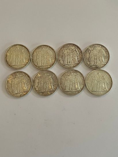 FRANCE 
Eight 10 franc silver coins, 1965.
(Soiling.)
Weight...