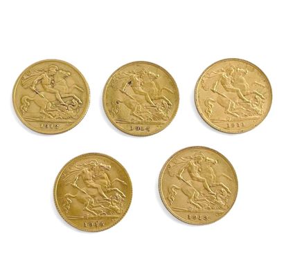 ENGLAND 
Five half-pound gold coins bearing...