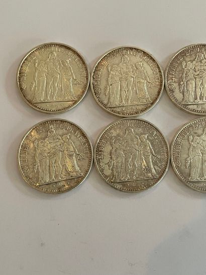 FRANCE 
Eight 10 franc silver coins, 1965.
(Soiling.)
Weight...