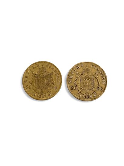 FRANCE 
Two 20 franc gold coins bearing the...