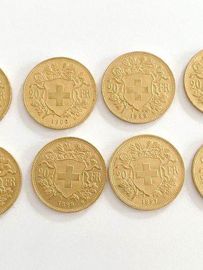 SWITZERLAND 
Fourteen 20 franc gold coins,...