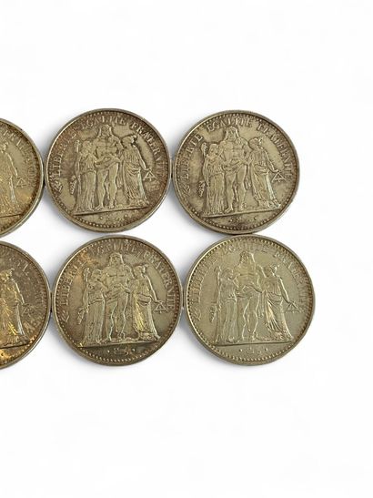 FRANCE 
Eight 10 franc silver coins, 1965.
(Soiling.)
Weight...