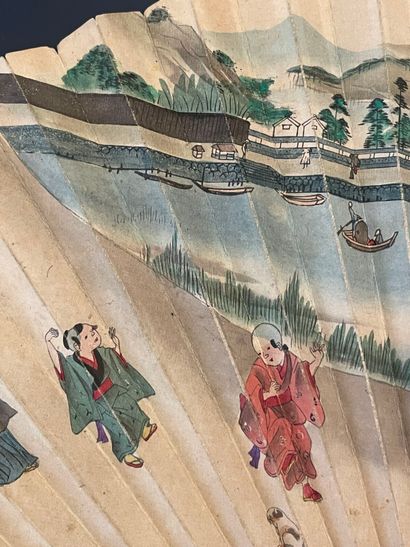 Au bord de la rivière, Japon, vers 1900.
Éventail...