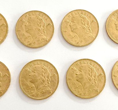SWITZERLAND 
Fourteen 20 franc gold coins,...