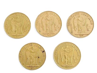 FRANCE 
Five 20-franc gold coins with the...