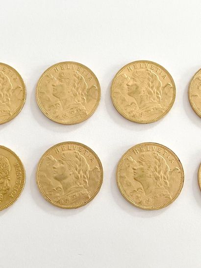 SWITZERLAND 
Fourteen 20 franc gold coins,...