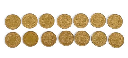 SWITZERLAND 
Fourteen 20 franc gold coins,...
